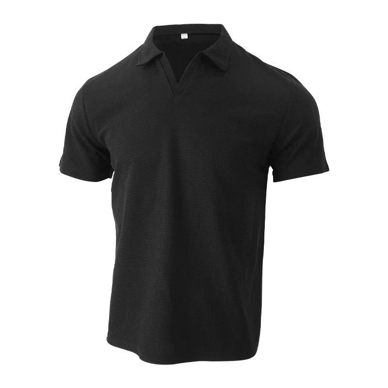 Men's lightweight short-sleeve polo made from waffle jersey with an open V-neck and shirt collar StylebySassy