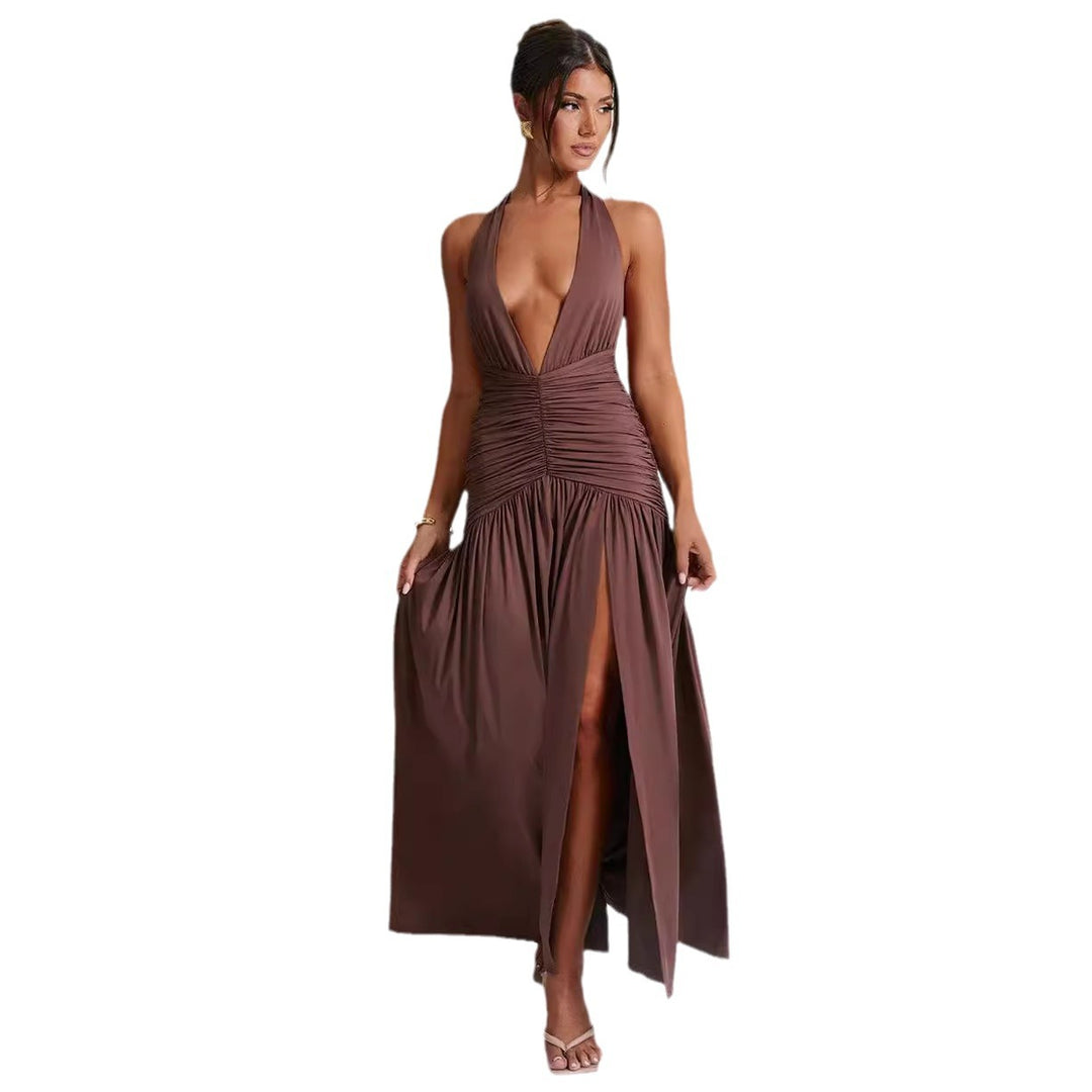 Ladies maxi dress with deep V-neck and ruffles