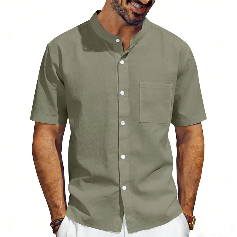Men's short-sleeved linen shirt with stand-up collar and chest pocket StylebySassy