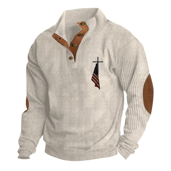 Men's structured troyer with faux leather elbow patches, V-button placket, and discreet emblem StylebySassy