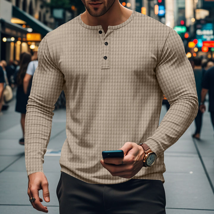 Men's fitted long-sleeve shirt with round neck button placket and waffle structure StylebySassy