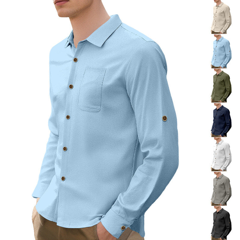 Men's breathable structured business shirt with breast pocket wooden button placket and ergonomic shoulder fit StylebySassy