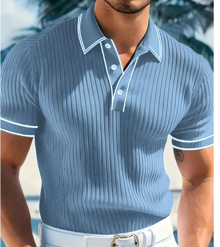Men's fitted short-sleeve polo with Kent collar, short button placket, and fine vertical rib structure StylebySassy