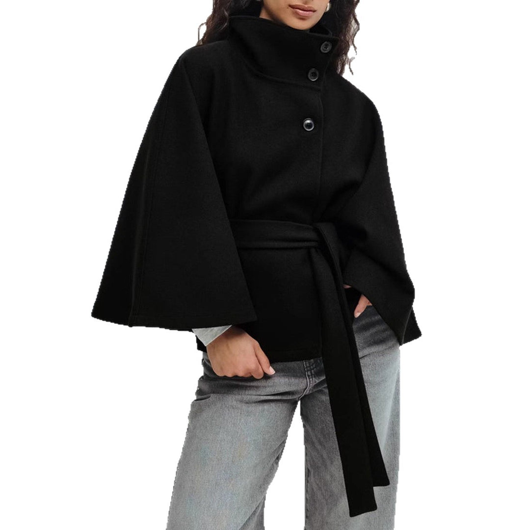 Women's oversized wool cape coat with stand-up collar and tie belt StylebySassy