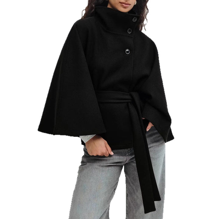 Women's oversized wool cape coat with stand-up collar and tie belt StylebySassy