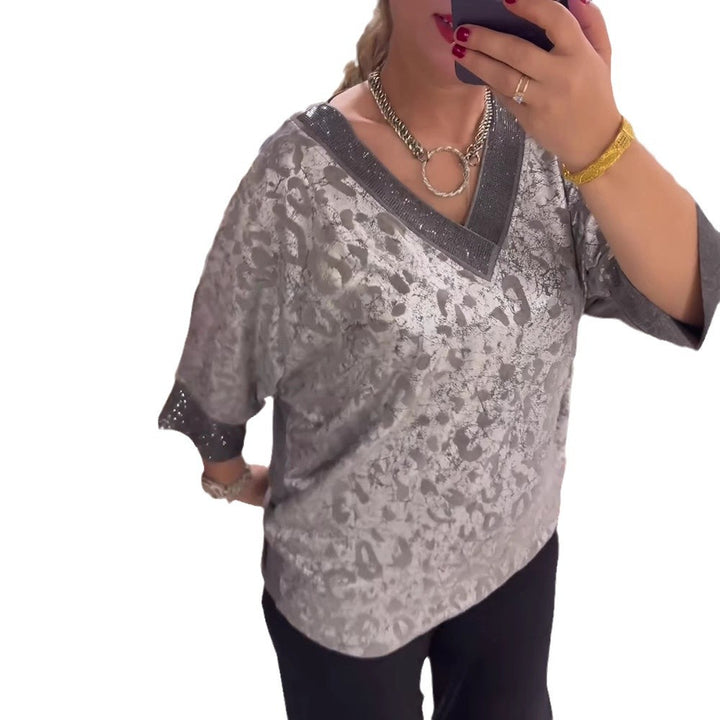 Women's shimmering Jacquard blouse shirt with V yoke in jewelry look and three-quarter sleeves StylebySassy