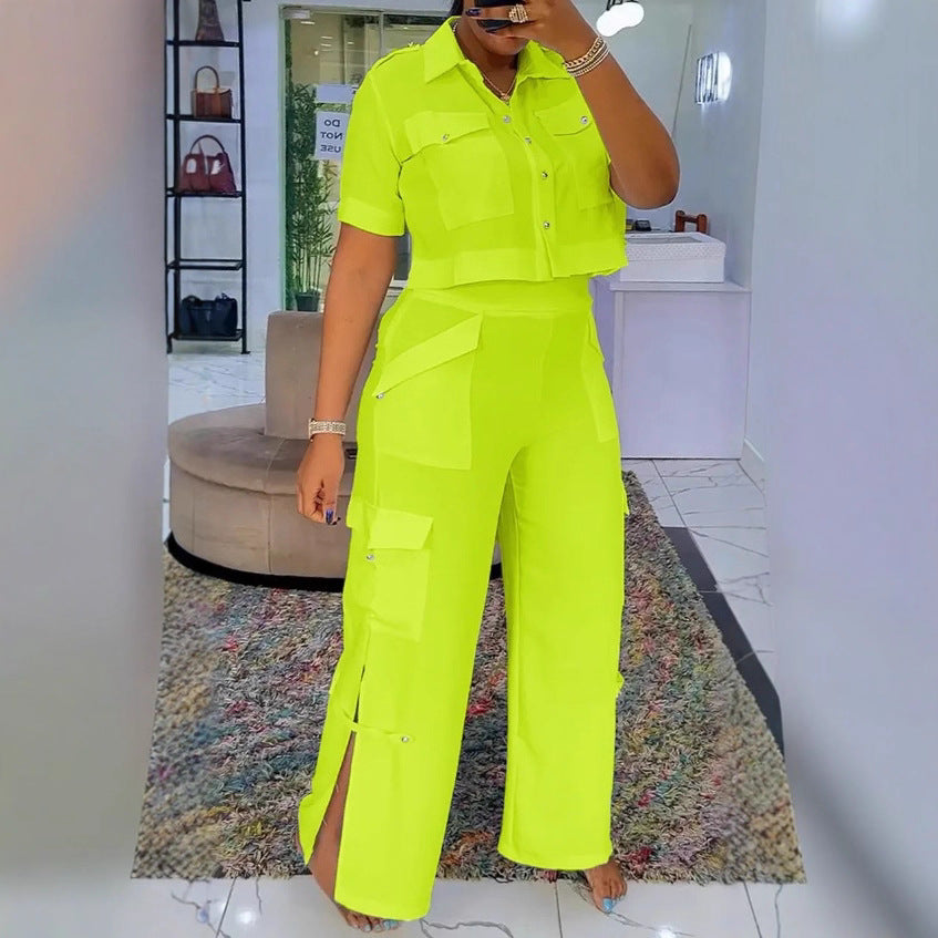 Women's two-piece shirt and cargo pants set with short oversized shirt, high waist, wide leg, and side leg slits StylebySassy
