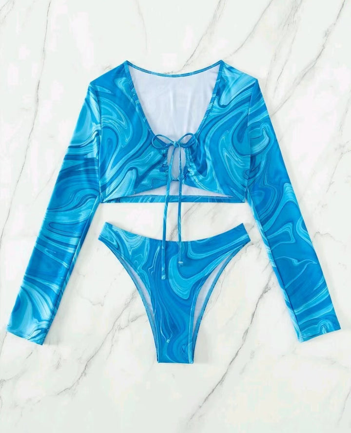 Women's Surf Bikini Set with Long Sleeve Crop Top and High Waisted Bottoms StylebySassy