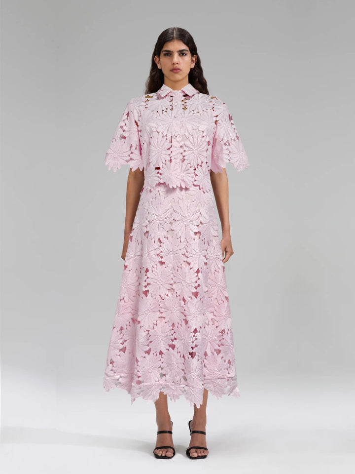 Ladies two-piece crochet lace set with shirt collar, short sleeves, and flared midi skirt StylebySassy