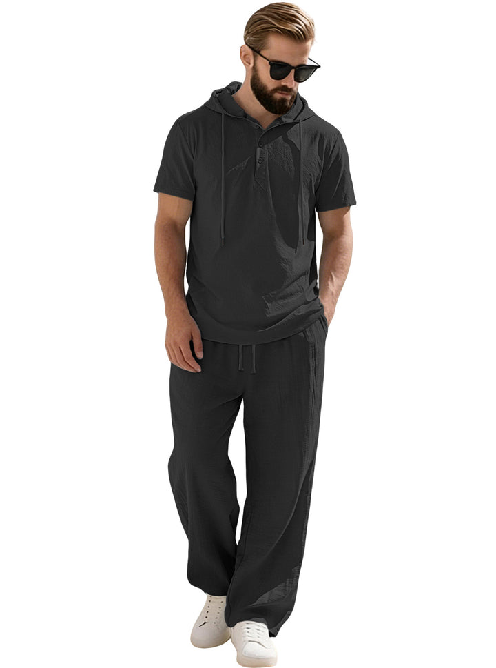 Men's casual short-sleeve hooded shirt in crinkled cotton blend with Henley button placket StylebySassy