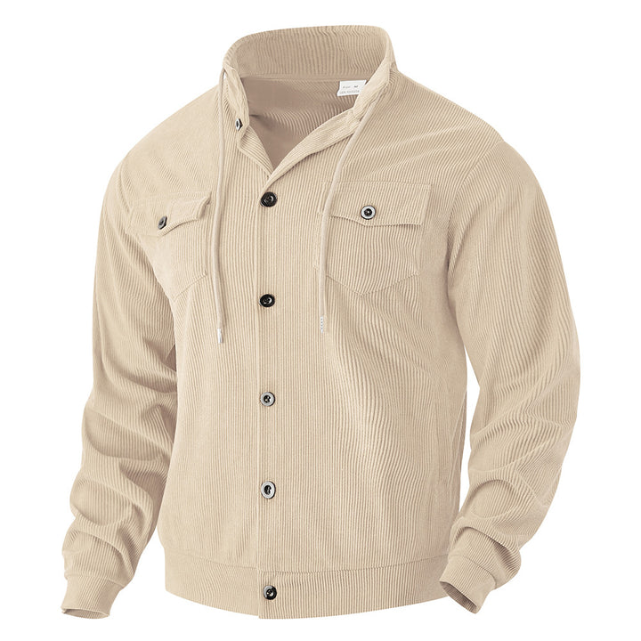 Men's ribbed transitional jacket in shirt style with stand-up collar, drawstring, and flap pockets StylebySassy