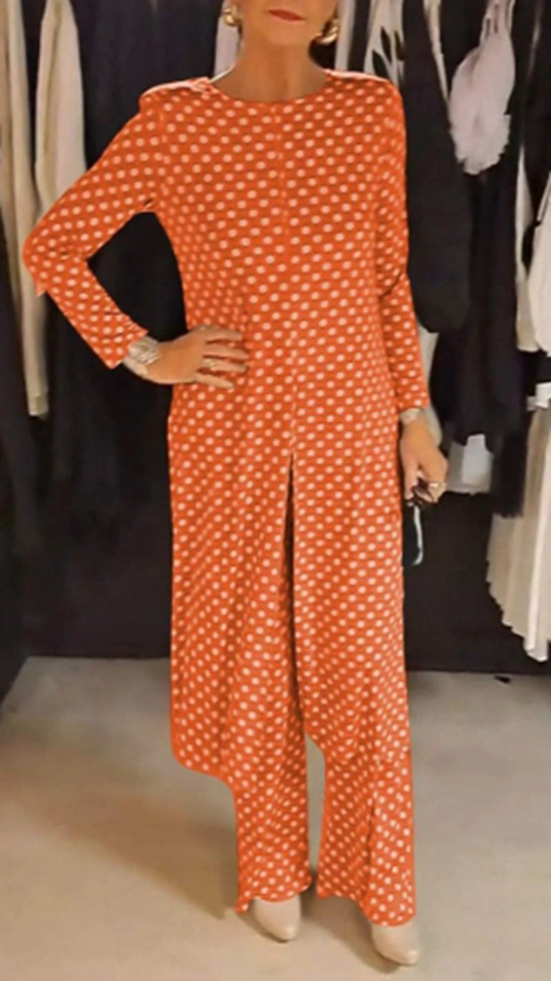 Women Nan Polka Dot Lounge Set with Long A-Line Tunic, Center Front Slit, and Wide Palazzo Pants StylebySassy