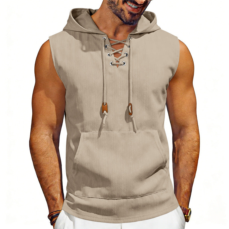 Men's sleeveless hooded vest with lace-up V-neck, kangaroo pocket, and casual fit StylebySassy