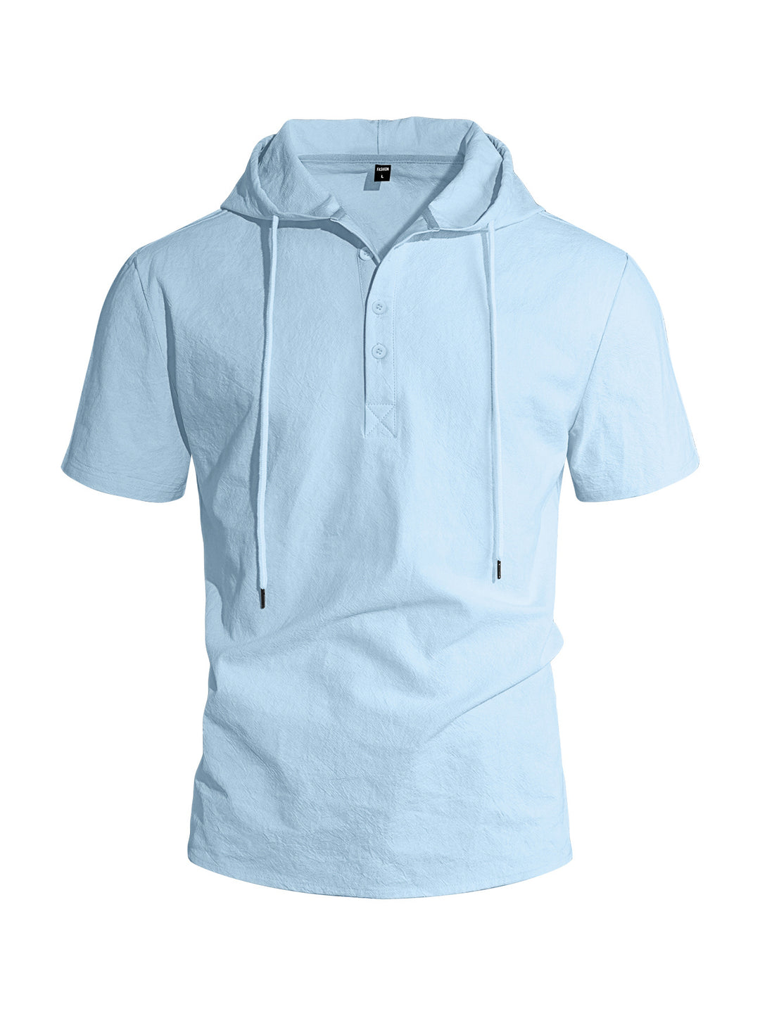 Men's short-sleeved hooded Henley made of slub cotton with concealed button placket and drawstring StylebySassy