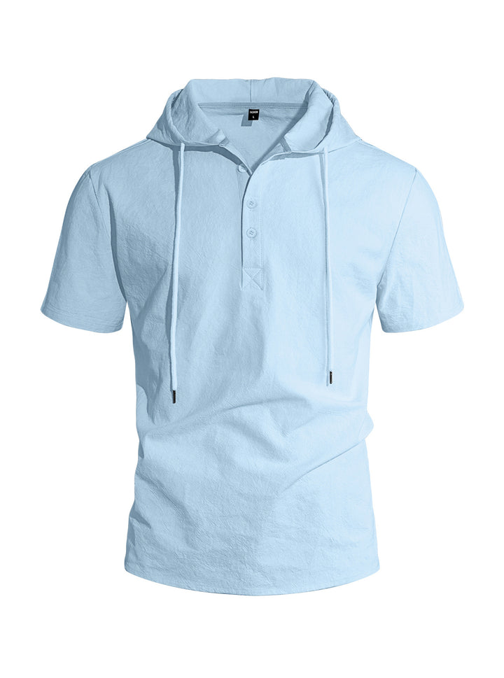 Men's short-sleeved hooded Henley made of slub cotton with concealed button placket and drawstring StylebySassy