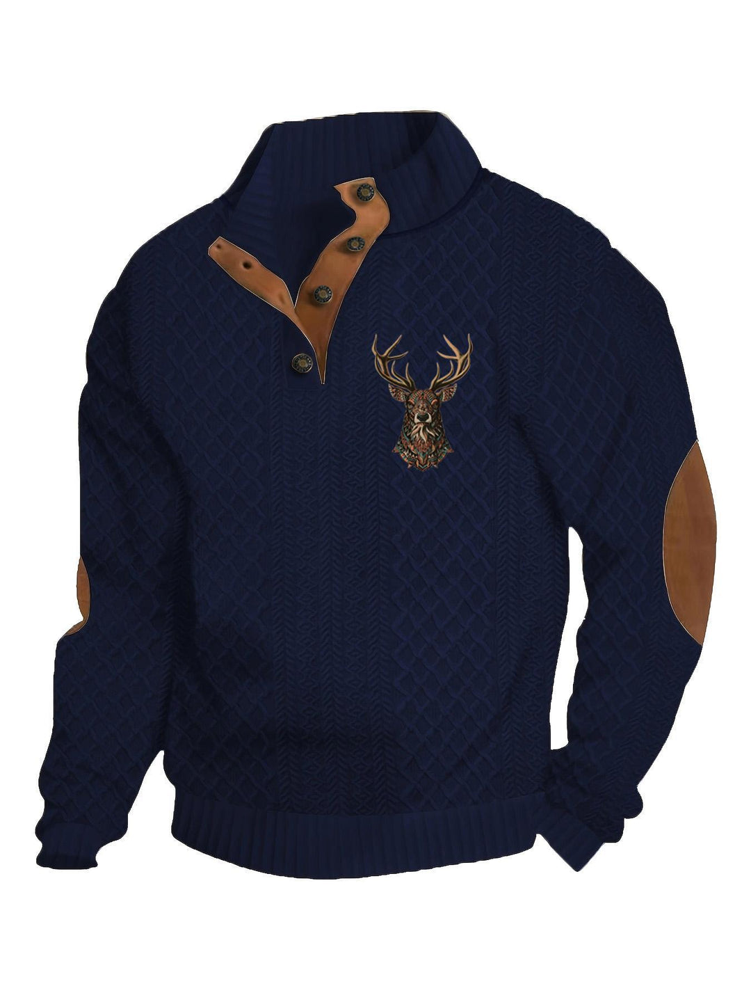 Men's nan Heritage textured pullover with stand-up collar faux leather trim elbow patches and half-button placket StylebySassy