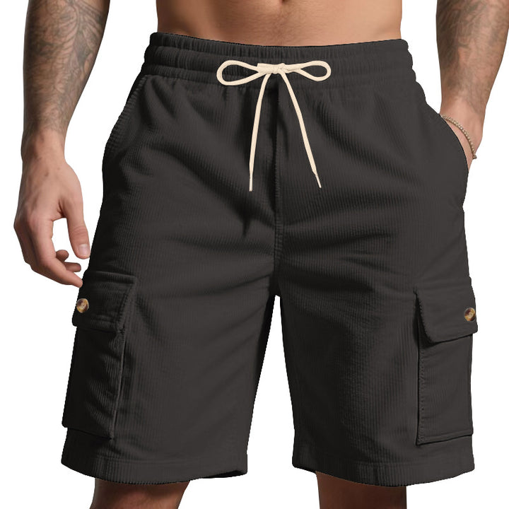 Men's cord cargo shorts with elastic drawstring waistband, patch cargo pockets, and soft cotton blend StylebySassy