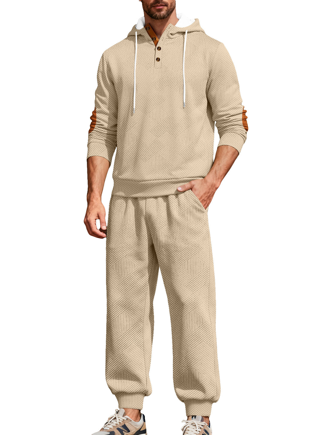Men's textured hoodie jogging set with Henley button placket and contrast elbow patches StylebySassy