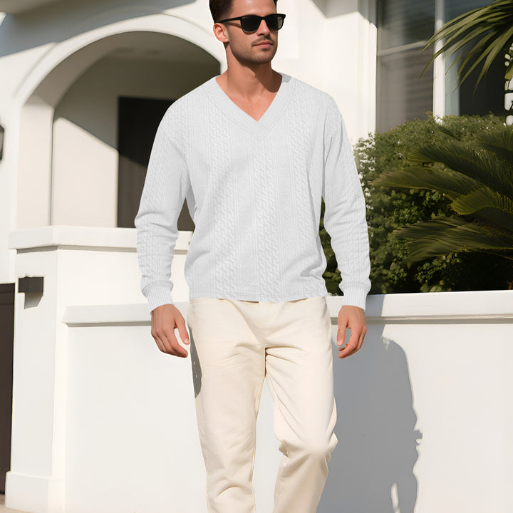 Men's structured V-neck knitted sweater with cable and honeycomb pattern StylebySassy