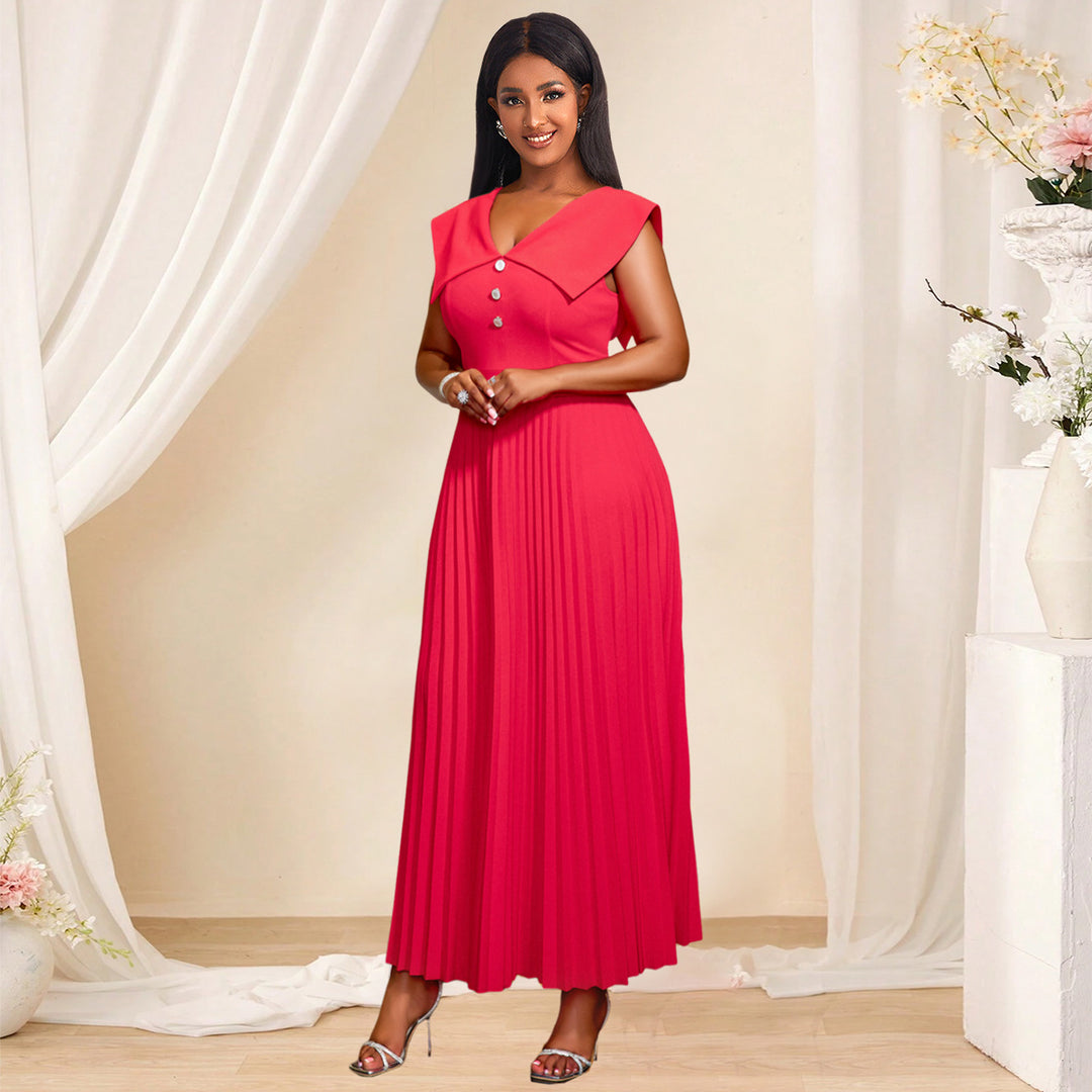 Women's pleated maxi dress with elegant button details StylebySassy
