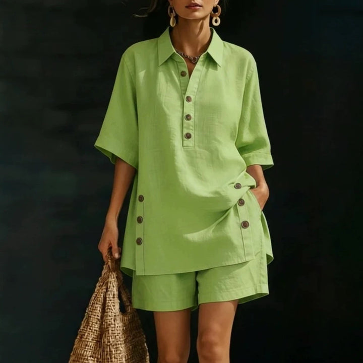 Women's airy linen-look two-piece set with oversized shirt blouse, button placket, and Bermuda shorts StylebySassy