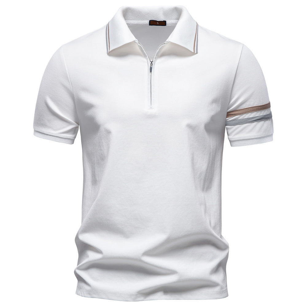 Men's breathable elastic polo shirt with short zipper and contrast stripes on sleeves StylebySassy