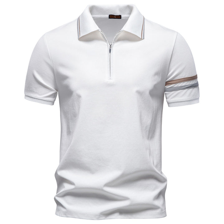 Men's breathable elastic polo shirt with short zipper and contrast stripes on sleeves StylebySassy