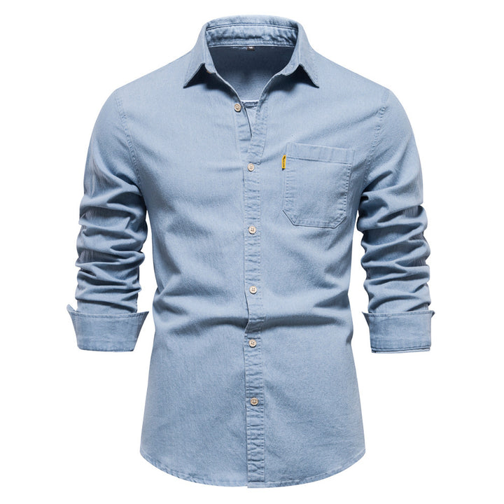 Men's narrow cut denim shirt with Kent collar and patch chest pockets StylebySassy