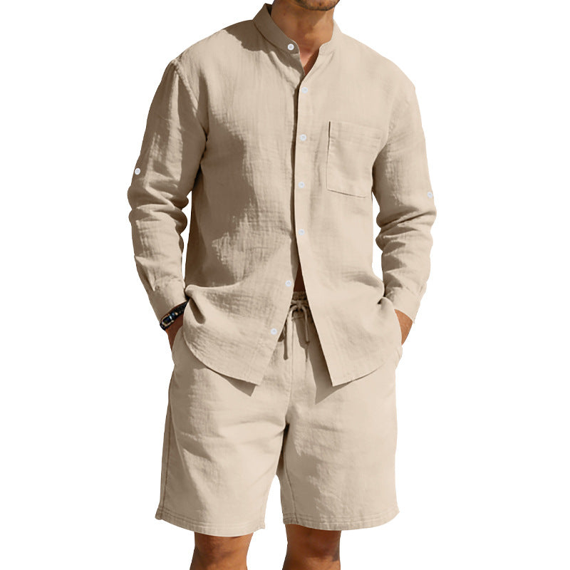 Men's casual linen set with stand collar shirt and drawstring shorts StylebySassy