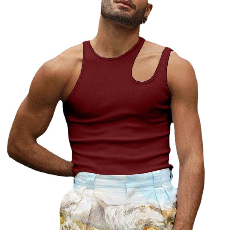 Men's body-hugging tank top with one-sided shoulder cut-out and fine ribbed texture StylebySassy