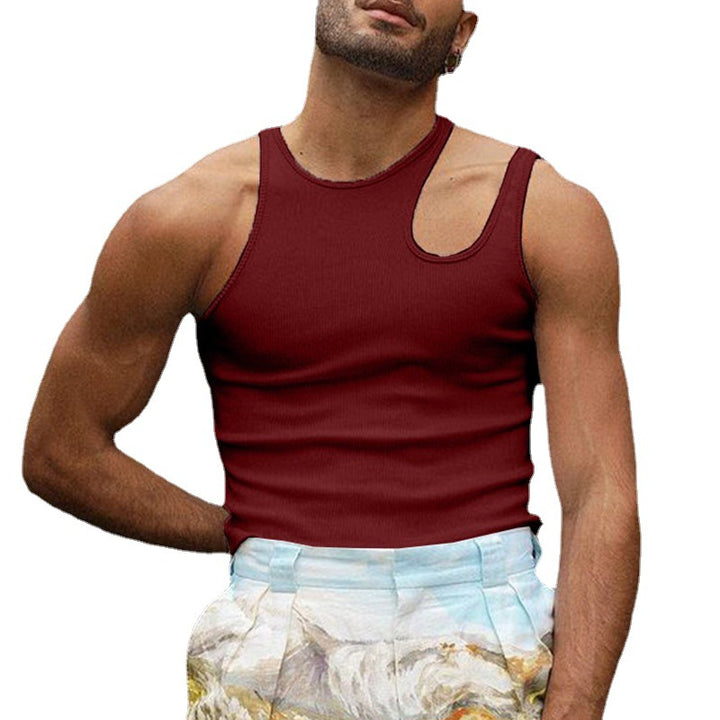 Men's body-hugging tank top with one-sided shoulder cut-out and fine ribbed texture StylebySassy