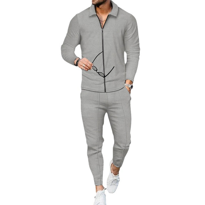 Men's casual waffle texture tracksuit with shirt collar, concealed zipper and drawstring pants StylebySassy