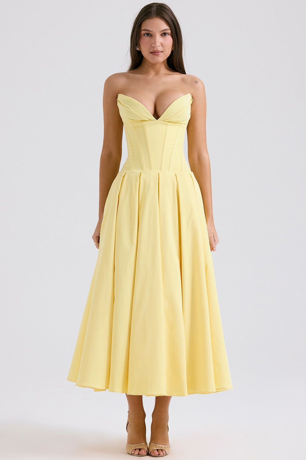 Women's strapless corset midi dress with pre-shaped bodice construction and flared circle skirt StylebySassy