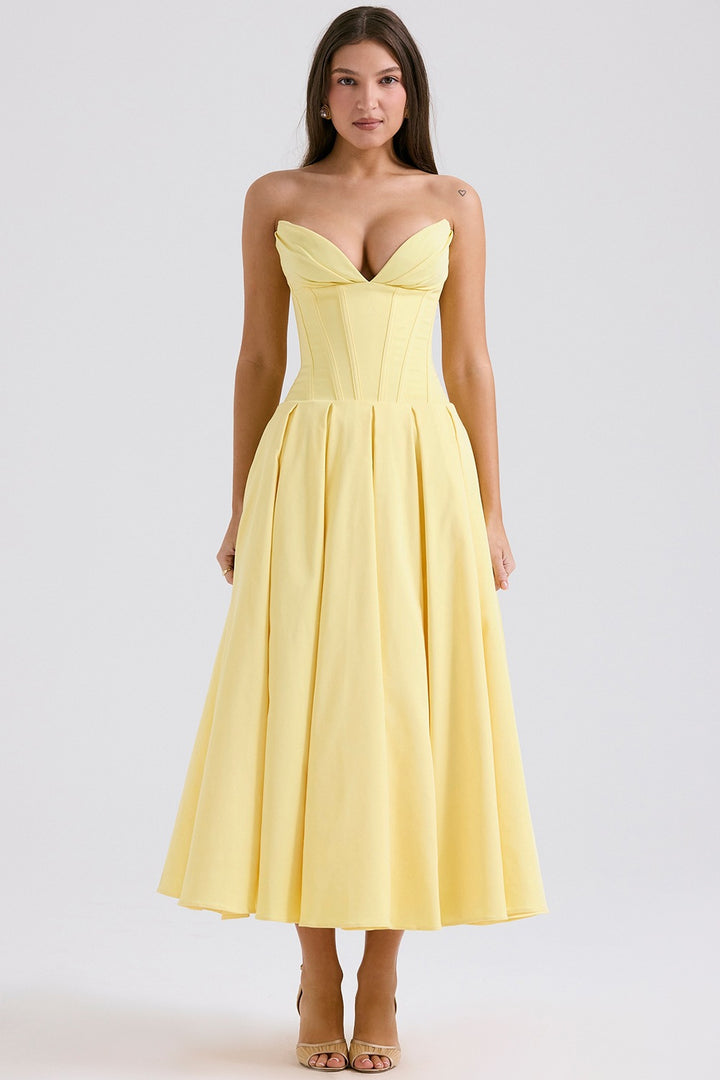 Women's strapless corset midi dress with pre-shaped bodice construction and flared circle skirt StylebySassy