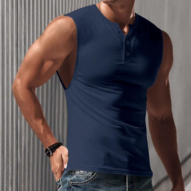 Men's sleeveless muscle shirt with Henley button placket, deep armhole, and elastic cotton blend StylebySassy