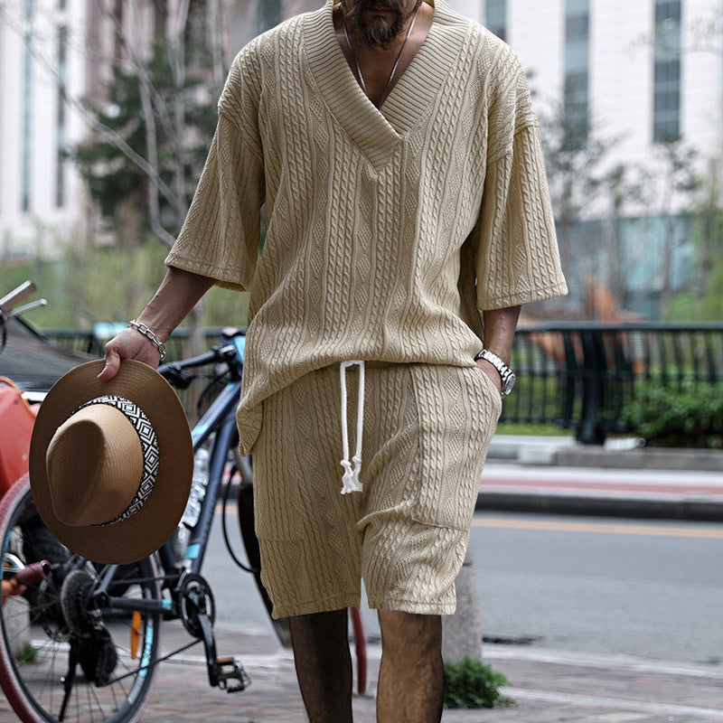 Men's urban braid knit two-piece with deep V-neck, boxy fit and drawstring shorts StylebySassy