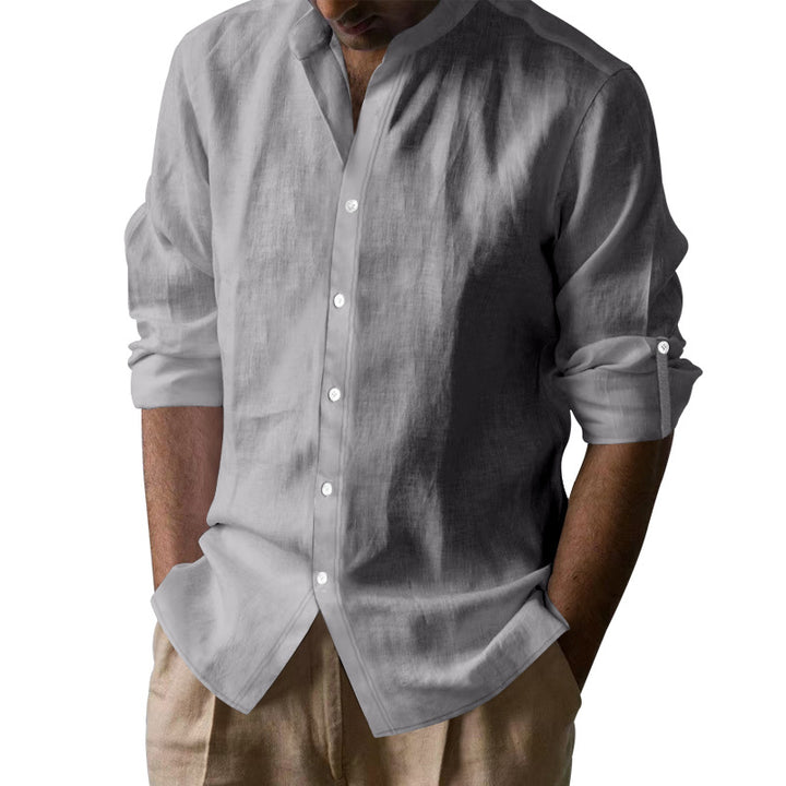 Men's casual linen shirt with Kent collar, continuous button placket, and roll-up sleeves StylebySassy
