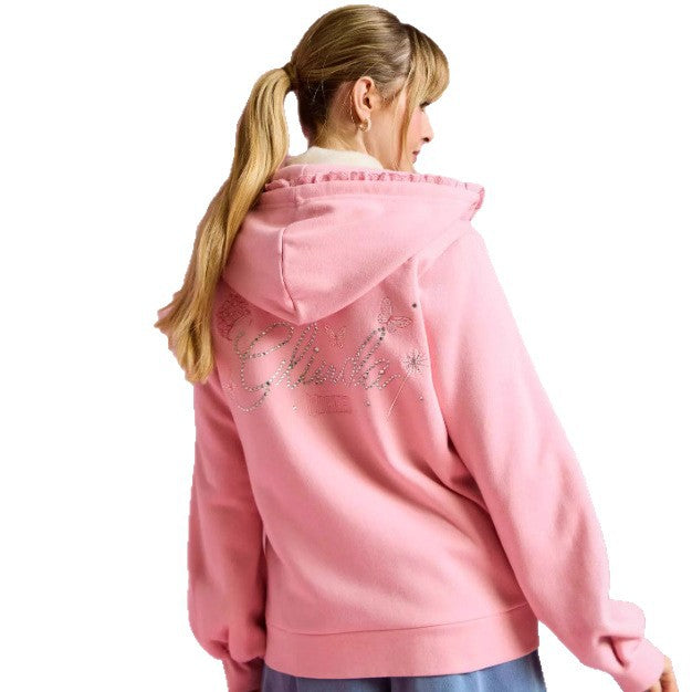 Women's Ruffled Hooded Sweat Jacket with Balloon Sleeves and Rhinestone Logo StylebySassy