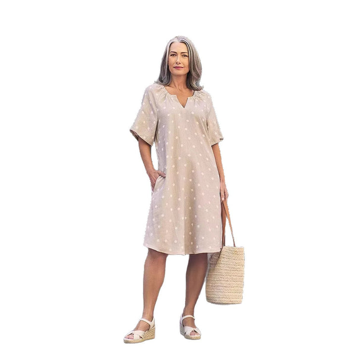 Ladies casual A-line linen look dress with V-neck, gathered shoulder area and side pockets StylebySassy