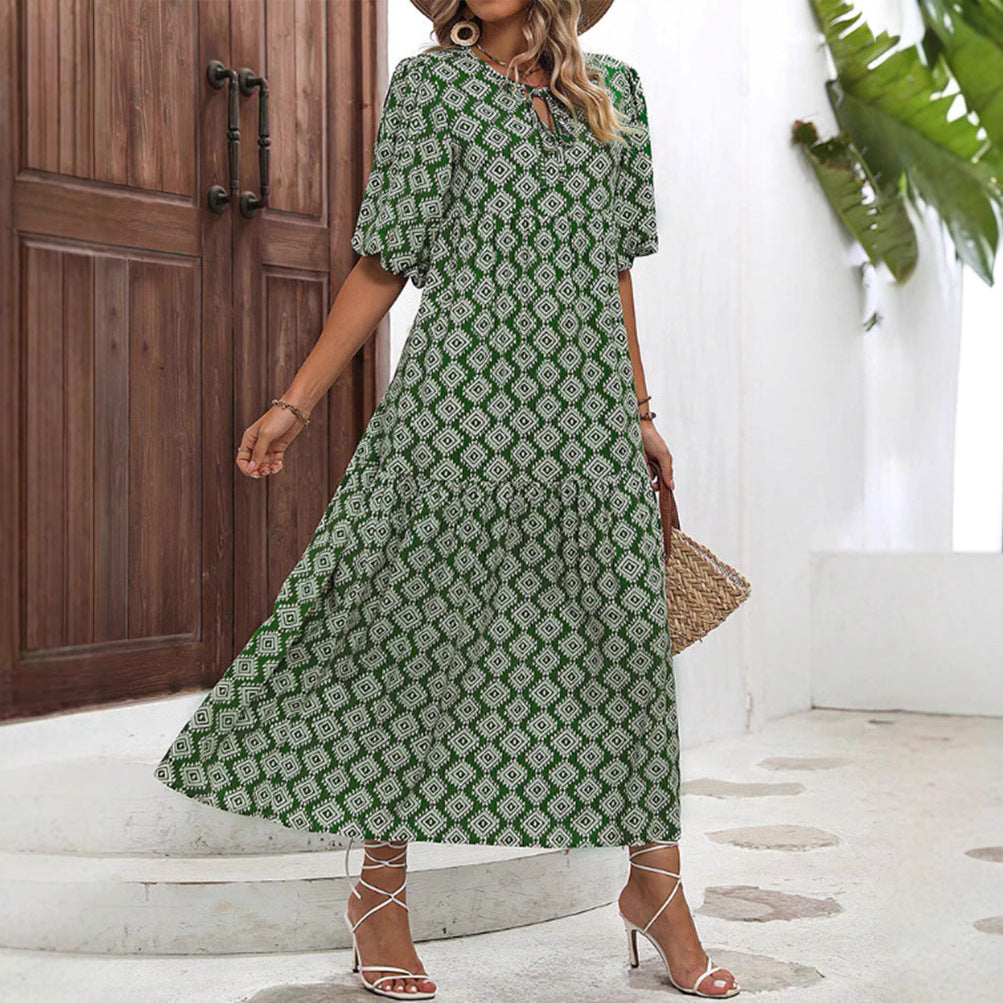 Women’s airy maxi dress with geometric ethnic print, gathered tiered skirt and keyhole neckline StylebySassy