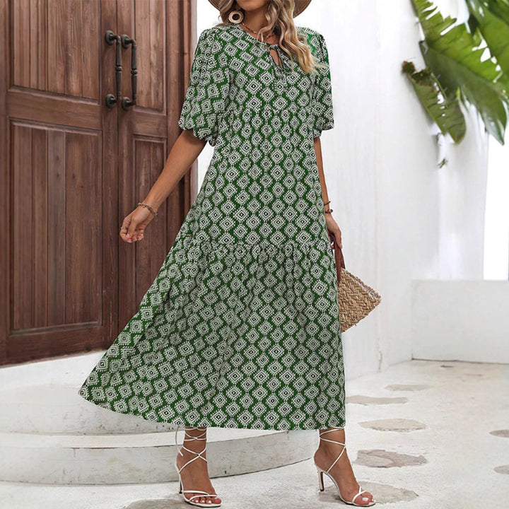 Women’s airy maxi dress with geometric ethnic print, gathered tiered skirt and keyhole neckline StylebySassy