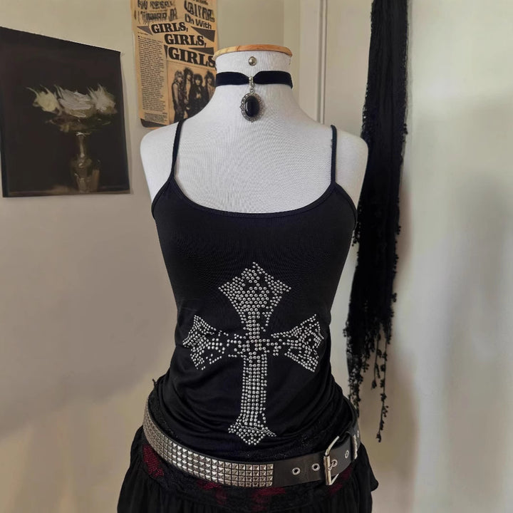 Women stylish tank top with crystal cross design StylebySassy