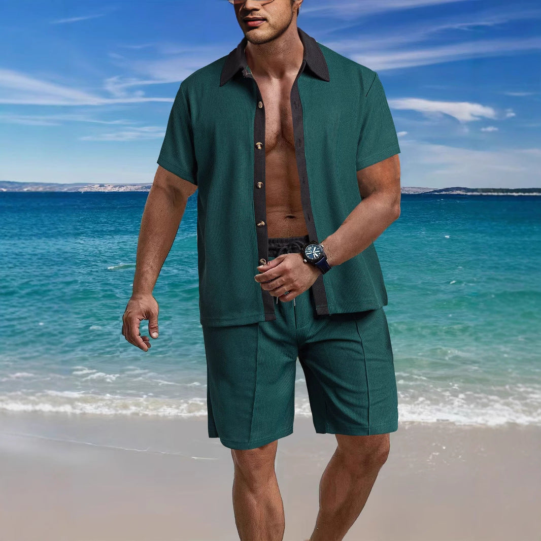 Men's modern leisure set made of fine textured jersey with shirt collar button placket and drawstring shorts StylebySassy