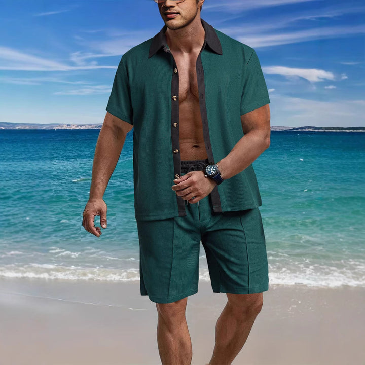 Men's modern leisure set made of fine textured jersey with shirt collar button placket and drawstring shorts StylebySassy