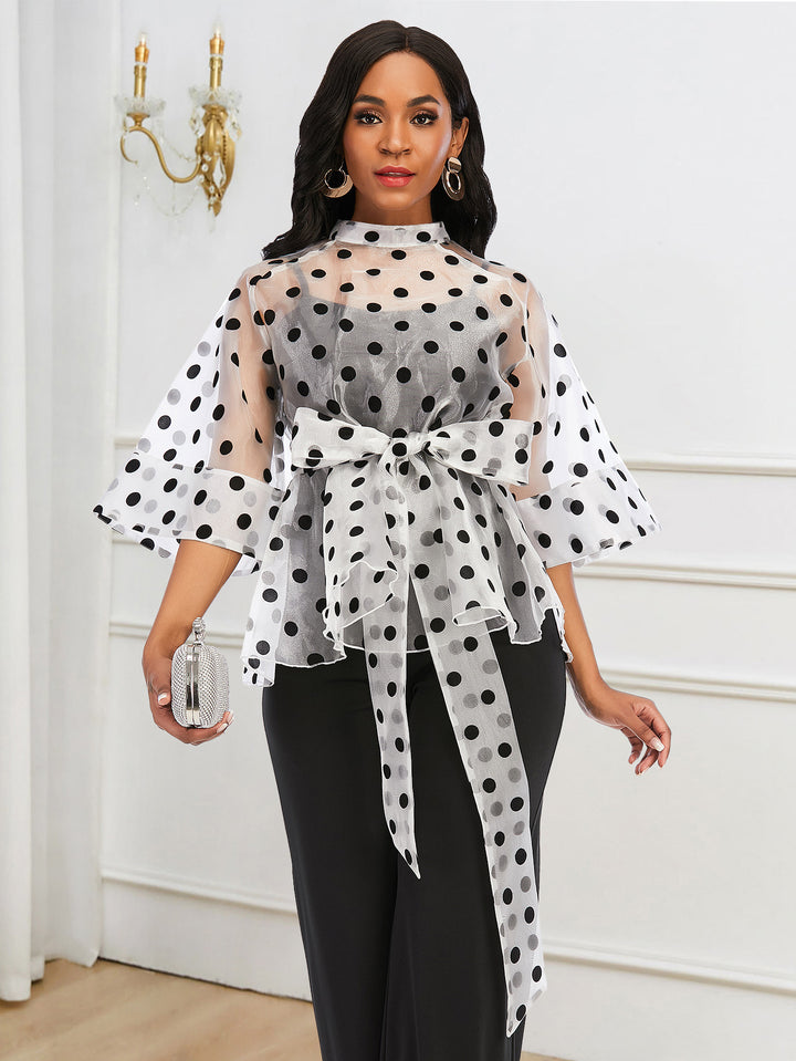 Women's chiffon blouse with transparent polka dots design and fitted tie belt StylebySassy