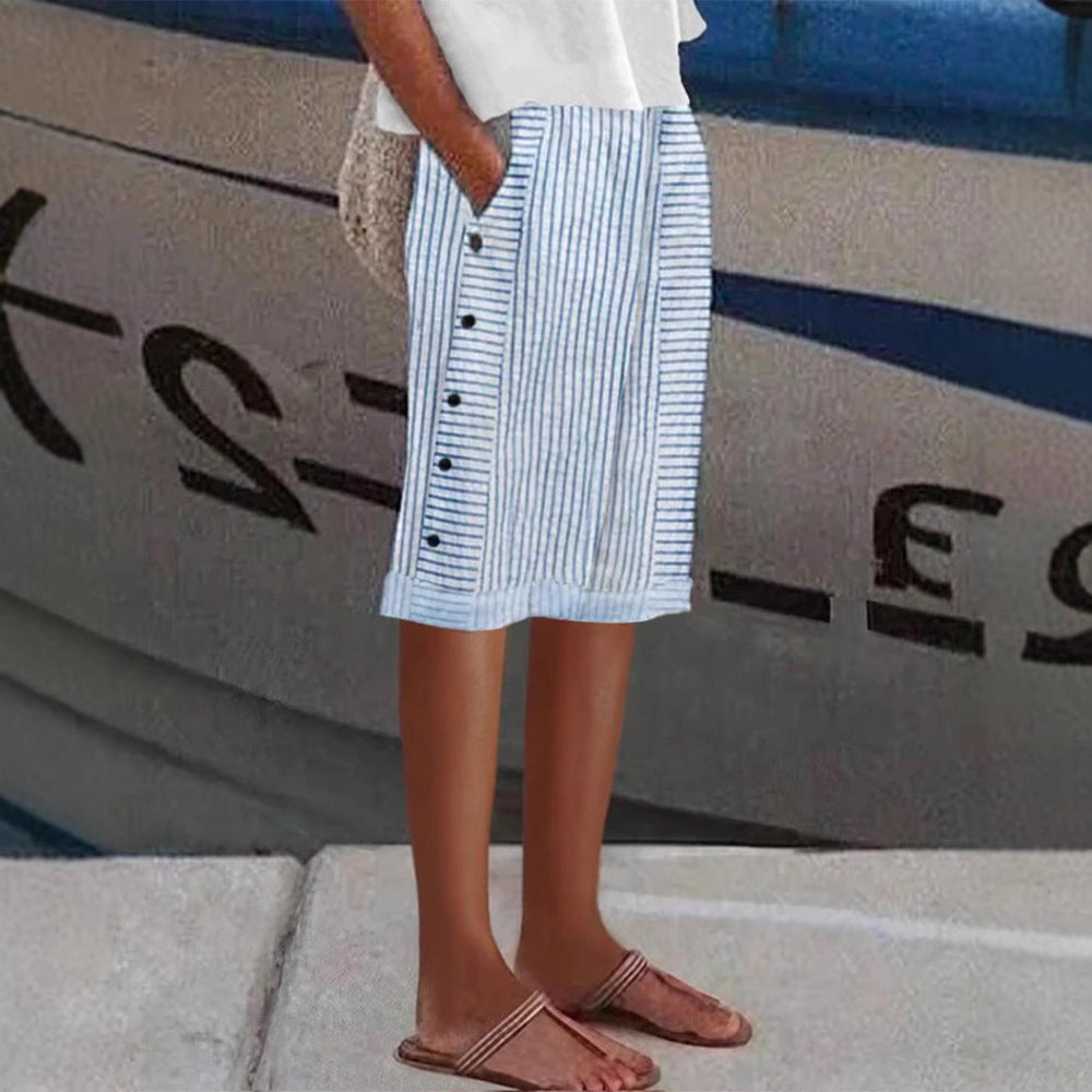 Women knee-length linen blend skirt with side button placket and side pockets StylebySassy