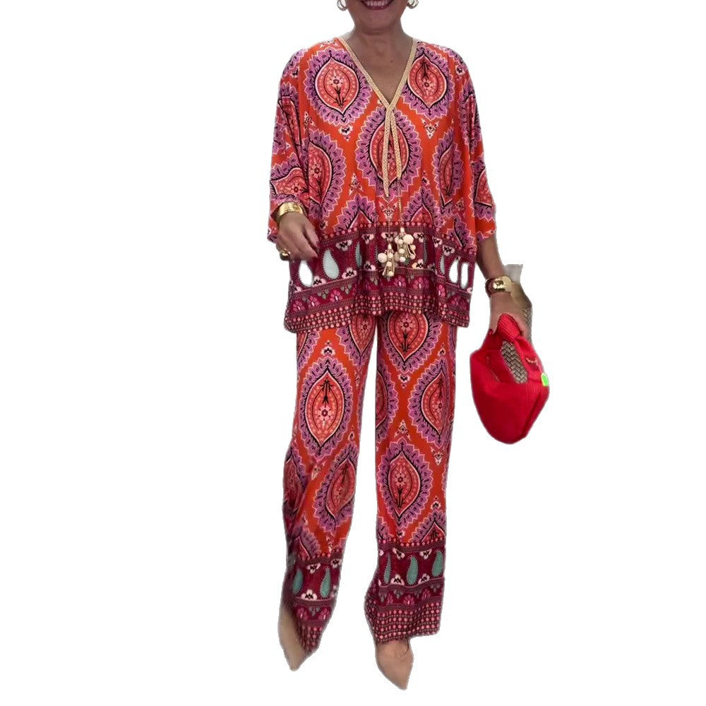 Ladies relaxed tunic and palazzo pants set with V-neck fringe band and wide leg StylebySassy
