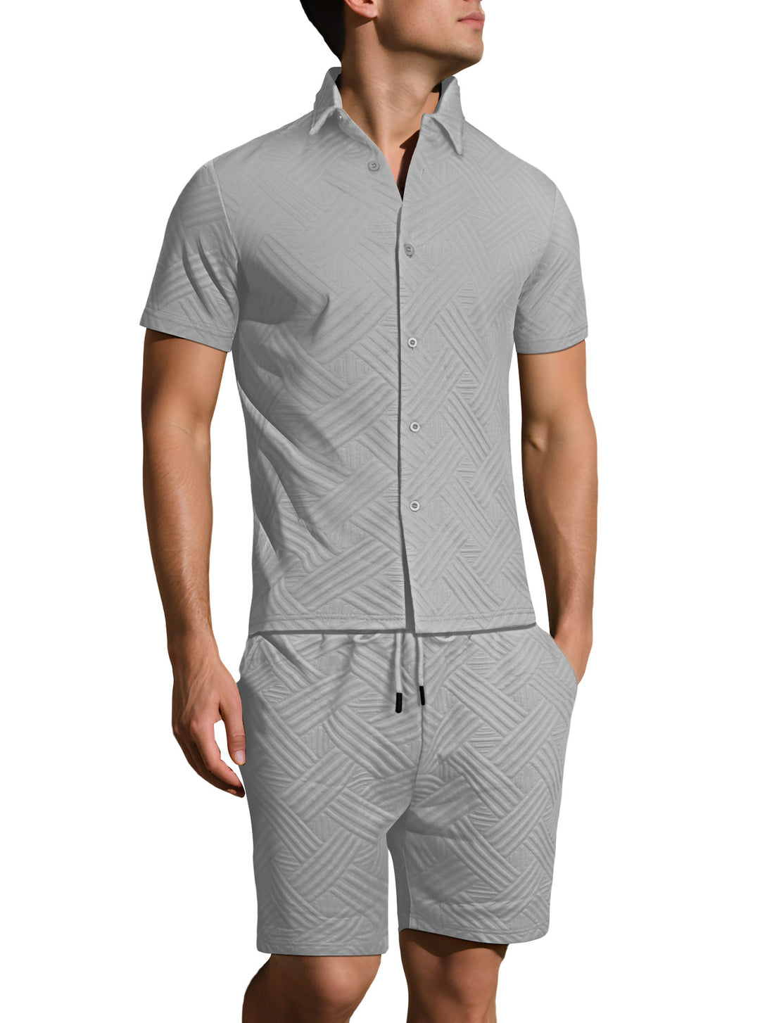 Men's lightweight short-sleeve shirt and Bermuda two-piece set with embossed woven texture and drawstring waistband StylebySassy