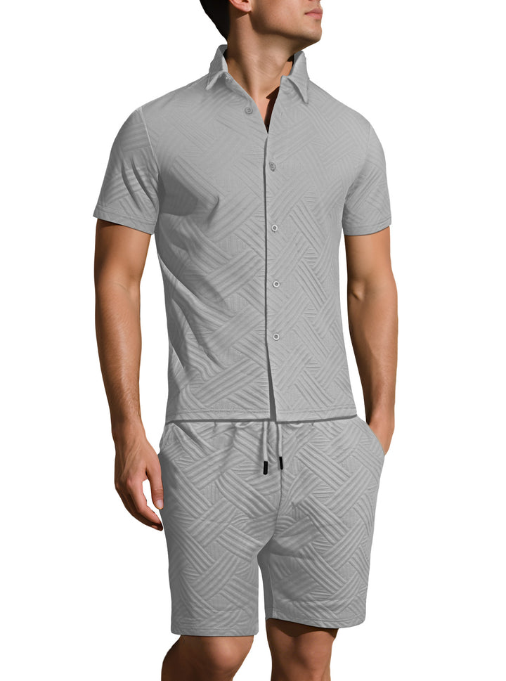 Men's lightweight short-sleeve shirt and Bermuda two-piece set with embossed woven texture and drawstring waistband StylebySassy