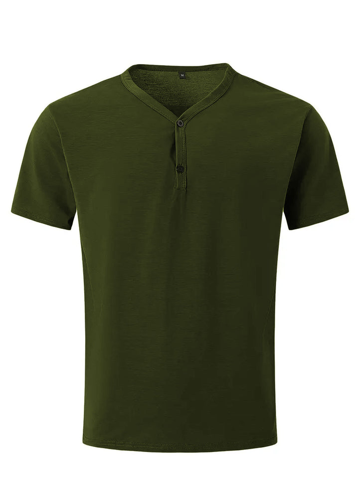 Men's short-sleeved Henley shirt with V-neck and two-button placket made of cotton blend StylebySassy